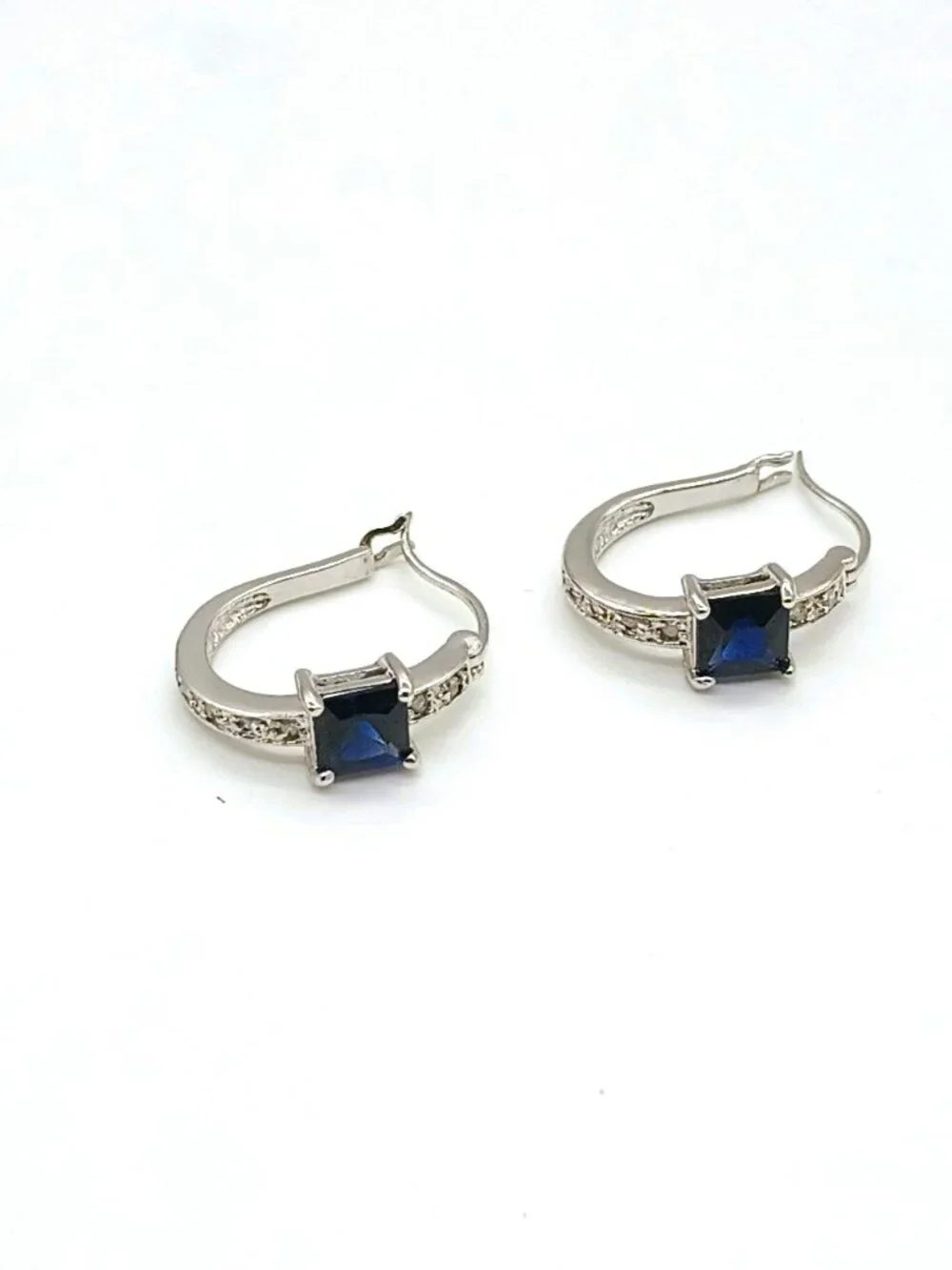 London Blue Topaz Leverback Earrings Emerald-Cut Solitaire Silver Tone